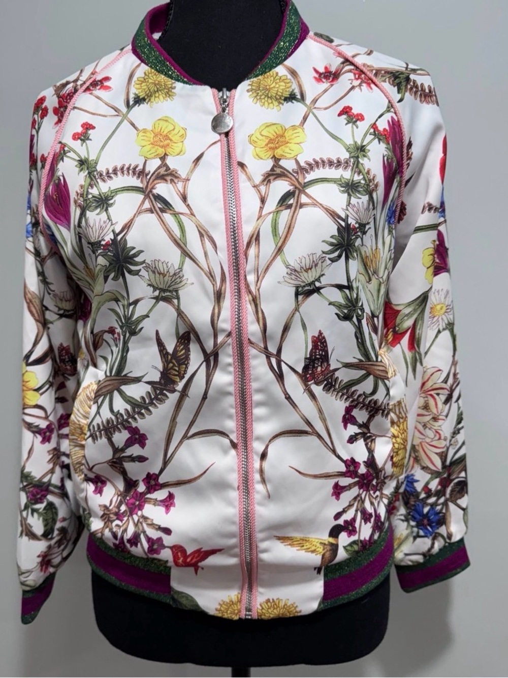 Women's Floral Bomber Jacket - White with Pink & Green Accents